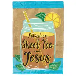 Walmart Magnolia Garden Raised Sweet Tea and Jesus 29 x 42 Poly Burlap Outdoor Hanging Flag offer