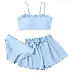 Walmart BOBOGOJP Girls Ribbed Ruffle Strap Bikini Swimsuit with UPF 50 Light Blue, Size 8-10 Years offer