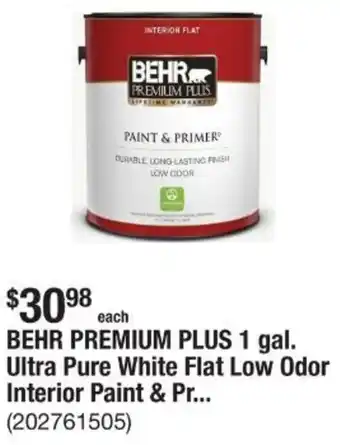 The Home Depot Behr premium plus ultra pure white flat low odor interior paint offer