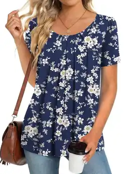 Walmart Fantaslook Dressy Blouses for Women Pleated Short Sleeve Tunic Tops Casual Floral Shirts offer