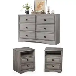 Walmart LGHM 3 Piece Bedroom Dresser Set, 6 Drawer Double Dresser, 2 Drawers Nightstand set of 2, Gray Wash offer