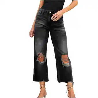 Walmart UYISJ Women's Ripped Cropped Jeans Casual High Waisted Wide Leg Distressed Capri Denim Pants Black M offer