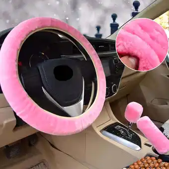 Walmart 3PCS Car Steering Wheel Cover Plush Fur Fluffy Black Pink Gear Knob Handbrake Cover Soft Warm offer