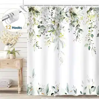 Walmart Dznils Green Eucalyptus Fabric Shower Curtain, Watercolor Floral Pattern with Hooks, 72 x 72 offer