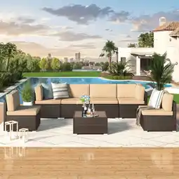 Walmart YODOLLA 7 Pc Outdoor Patio Sectional Set, Beige and Black PE Rattan with Table offer