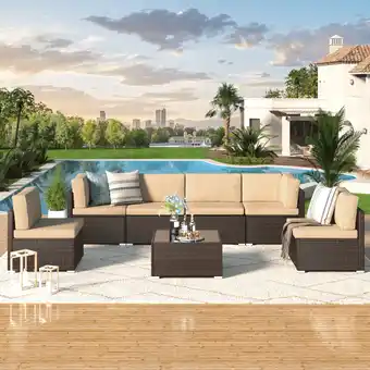 Walmart YODOLLA 7 Pc Outdoor Patio Sectional Set, Beige and Black PE Rattan with Table offer