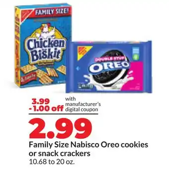 Hy-Vee Family Size Nabisco Oreo cookies or snack crackers offer