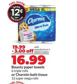 Hy-Vee Bounty paper towels 6 triple rolls or Charmin bath tissue 12 super mega rolls offer