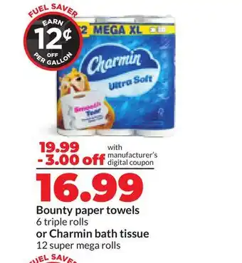 Hy-Vee Bounty paper towels 6 triple rolls or Charmin bath tissue 12 super mega rolls offer