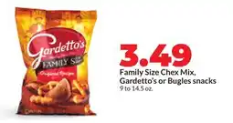 Hy-Vee Family Size Chex Mix, Gardetto's or Bugles snacks offer