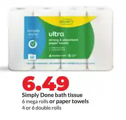 Hy-Vee Simply Done bath tissue 6 mega rolls or paper towels 4 or 6 double rolls offer