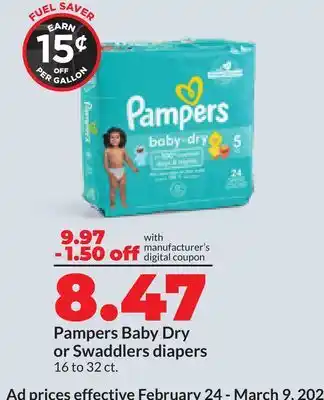 Hy-Vee Pampers Baby Dry or Swaddlers diapers offer