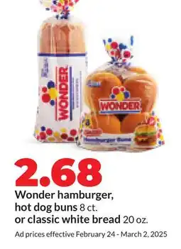 Hy-Vee Wonder hamburger, hot dog buns 8 ct. or classic white bread 20 oz offer