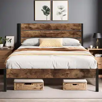 Walmart Lifezone Queen Bed Frame with Rustic Vintage Wood Headboard and Footboard,Metal Support,Rustic Brown offer