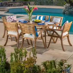 Walmart Harvey7 Piece Outdoor Acacia Dining Set with Cushions, Teak Finish, White offer