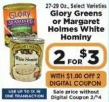 IGA Glory Greens Or Margaret Holmes White Hominy 27- oz offer