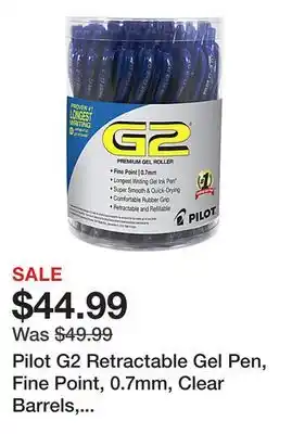 Office Depot Pilot G2 Retractable Gel Pen, Fine Point, 0.7mm, Clear Barrels, Blue Ink, Tub Of 36 Pens offer