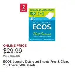 Costco ECOS Laundry Detergent Sheets Free & Clear, 200 Loads, 200 Sheets offer