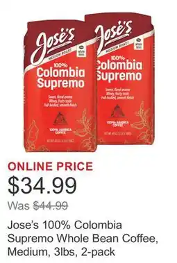 Costco Jose's 100% Colombia Supremo Whole Bean Coffee, Medium, 3lbs, 2-pack offer