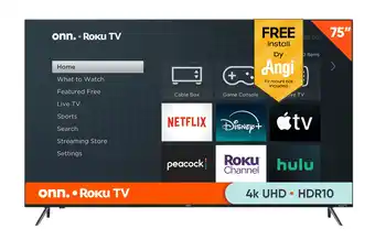 Walmart onn. 75 Class 4K UHD (2160P) LED Roku Smart Television (100044717) offer