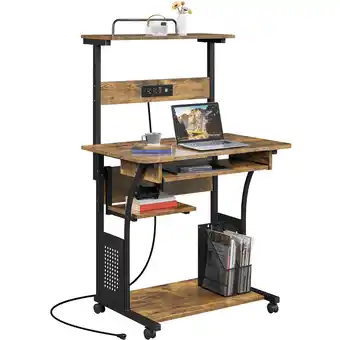 Walmart Alden Design 3 Tiers Computer Desk with Charging Station Printer Shelf for Home Office, Rustic Brown offer