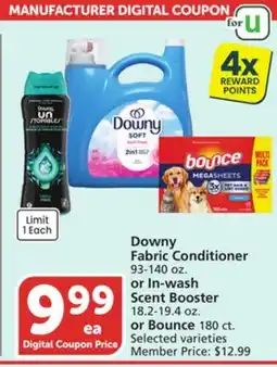 Vons Downy Fabric Conditioner 93-140 oz. or In-wash Scent Booster 18.2-19.4 oz. or Bounce 180 ct offer