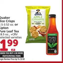 Vons Quaker Rice Crisps 2.5-3.52 oz. or Lipton Pure Leaf Tea 18.5 oz offer