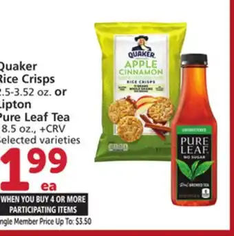 Vons Quaker Rice Crisps 2.5-3.52 oz. or Lipton Pure Leaf Tea 18.5 oz offer