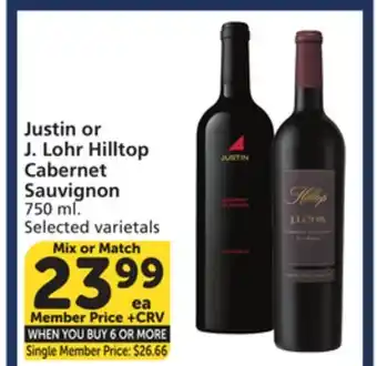 Vons Justin or J.Lohr Hilltop Cabernet Sauvignon offer