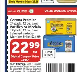 Vons Corona Premier 24 pack, 12 oz. cans Pacifico or Modelo 18 pack, 12 oz. cans offer