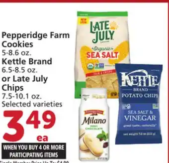 Vons Pepperidge Farm Cookies 5-8.6 oz. Kettle Brand 6.5-8.5 oz. or Late July Chips 7.5-10.1 oz offer