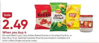 Stater Bros Lay's, Lay's Kettle, Baked Snacks or Sunchips 5 to 8 oz. or Dips 10 or 15 oz offer