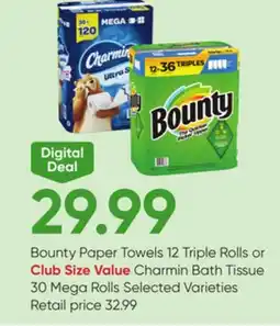 Stater Bros Bounty Paper Towels 12 Triple Rolls or Club Size Value Charmin Bath Tissue 30 Mega Rolls offer