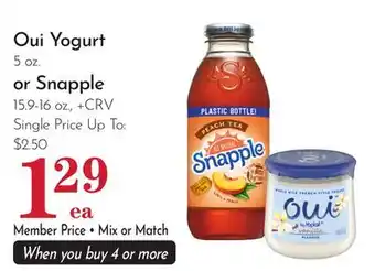 Pavilions Oui Yogurt 5 oz. or Snapple 15.9-16 oz offer