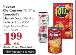 Pavilions Nabisco Ritz Crackers 7.5-13.7 oz. Campbell's Chunky Soup 18.6-19 oz. Celsius 12 oz offer