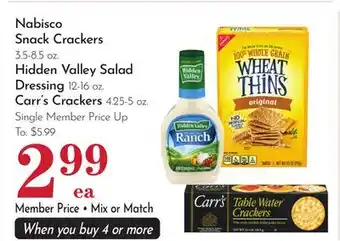 Pavilions Nabisco Snack Crackers 3.5-8.5 oz. Hidden Valley Salad Dressing 12-16 oz. Carr's Crackers 4.25-5 oz offer