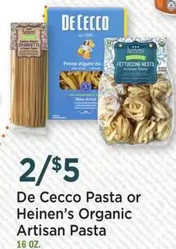 Heinen's De Cecco Pasta or Heinen's Organic Artisan Pasta offer