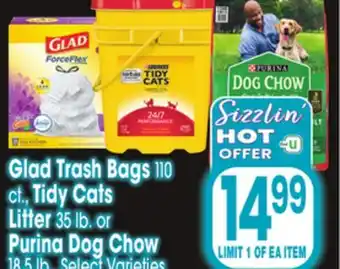 Jewel-Osco Glad Trash Bags 110 ct., Tidy Cats Litter 35 lb. or Purina Dog Chow 18.5 lb offer