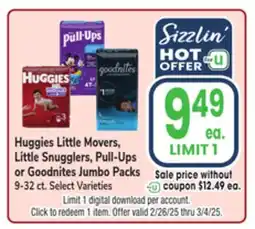 Jewel-Osco Huggies Little Movers, Little Snugglers, Pull-Ups or Goodnites Jumbo Packs offer