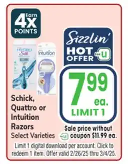 Jewel-Osco Schick, Quattro or Intuition Razors offer