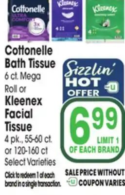 Jewel-Osco Cottonelle Bath Tissue 6 ct. Mega Roll or Kleenex Facial Tissue 4 pk., 55-60 ct. or 120-160 ct offer