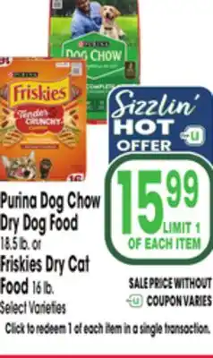 Jewel-Osco Purina Dog Chow Dry Dog Food Dry Dog Food 18.5 lb. or Friskies Dry Cat Food 16 lb offer