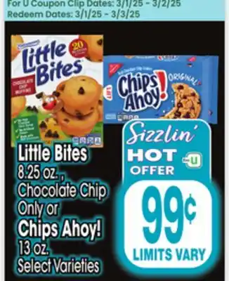 Jewel-Osco Little Bites 8.25 oz., Chocolate Chip Only or Chips Ahoy! 13 oz offer