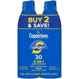 Walmart Coppertone Sport, 4-IN-1 Performance Sunscreen Spray, Adult, SPF 30, 2 Pack, 11 oz offer