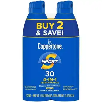 Walmart Coppertone Sport, 4-IN-1 Performance Sunscreen Spray, Adult, SPF 30, 2 Pack, 11 oz offer