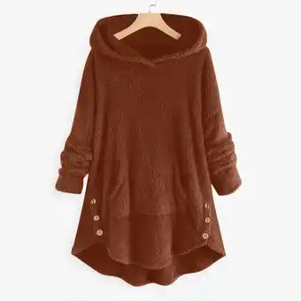 Walmart Patlollav Womens Solid Color Plush Buttons Long Sleeve Hooded Coat Tops Brown S offer