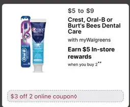 Walgreens Crest, Oral-B or Burt's Bees Dental Care offer