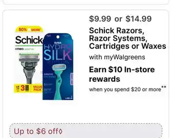 Walgreens Schick Razors, Razor Systems, Cartridges or Waxes offer