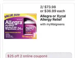 Walgreens Allegra or Xyzal Allergy Relief offer