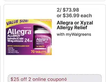 Walgreens Allegra or Xyzal Allergy Relief offer